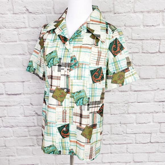 Vintage '70s Bradley Knitwear Green Plaid Patchwork Print Button Down Top Size M - Picture 15 of 16